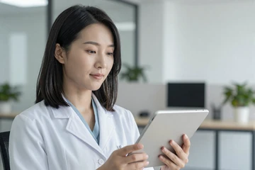 Asian woman in a lab coat reading a tablet in a bright modern office