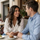 Couple enjoying coffee together at an outdoor cafe table