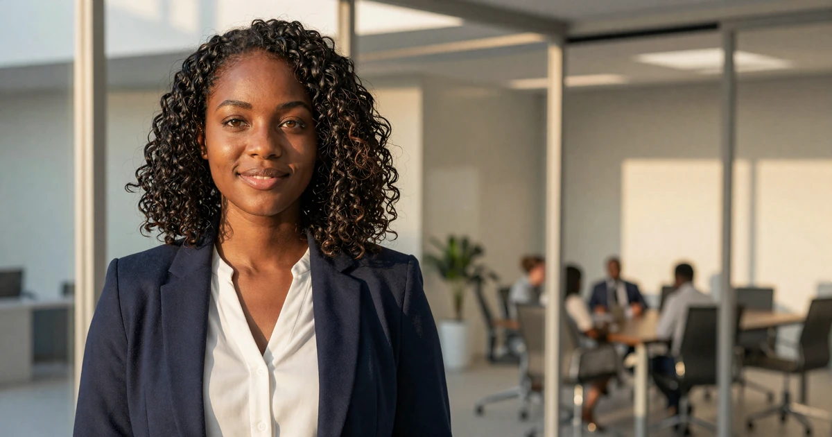 Confident female doctor smiling in a modern medical conference lobby during golden hour