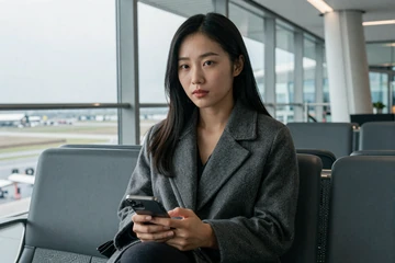 Asian woman holding a phone in a modern airport lounge