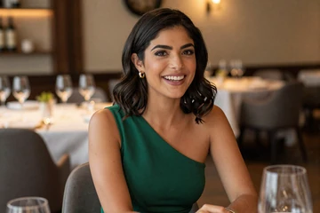 Latina woman in an elegant dress laughing at an upscale restaurant
