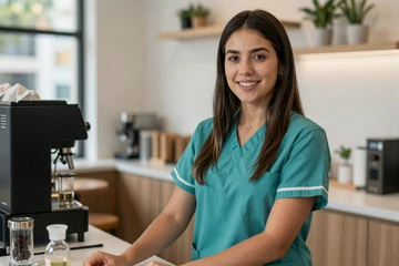Latina woman in medical scrubs ordering coffee at a modern cafe counter