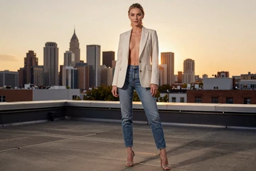 Confident woman in smart casual attire on a city rooftop at sunset
